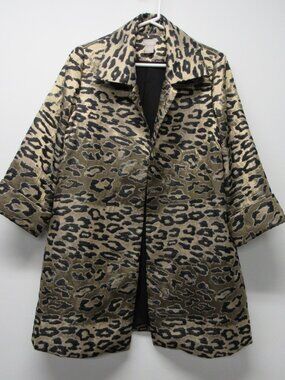 Chicos Gold Black Shimmer Leopard Jacquard Open Front Topper Jacket sz 0 US 4/6